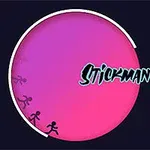 Różowe i fioletowe gradientowe koło z sylwetkami biegnących ludzików oraz napisem „Stickman Runner” na ciemnym tle