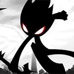 Czarna postać z czerwonymi oczami i białymi skrzydłami, trzymająca miecz na tle jasnego nieba