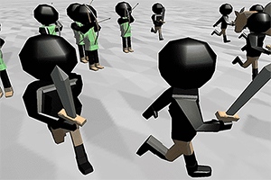 Postacie w czarno-zielonych strojach trzymające miecze, biegnące po szarawym tle