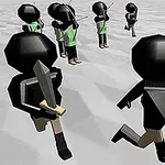 Postacie w czarno-zielonych strojach trzymające miecze, biegnące po szarawym tle