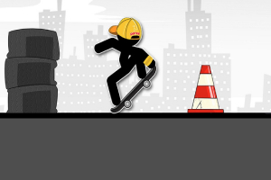 Postać na deskorolce w kasku jadąca przez miejską scenerię obok stosu opon i pachołka drogowego