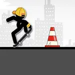 Postać na deskorolce w kasku jadąca przez miejską scenerię obok stosu opon i pachołka drogowego