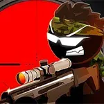 Czarna postać z bronią snajperską celująca przez czerwony celownik w stylu kreskówkowym