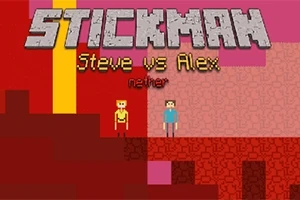 Pikselowa grafika przedstawiająca dwie postacie na tle kolorowego, abstrakcyjnego krajobrazu z napisem Stickman Steve vs Alex Nether
