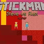 Pikselowa grafika przedstawiająca dwie postacie na tle kolorowego, abstrakcyjnego krajobrazu z napisem Stickman Steve vs Alex Nether