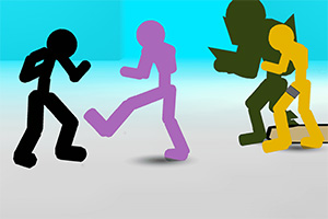 Cztery kolorowe sylwetki ludzkie w dynamicznych pozach na tle gradientu od niebieskiego do szarego