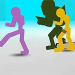 Cztery kolorowe sylwetki ludzkie w dynamicznych pozach na tle gradientu od niebieskiego do szarego