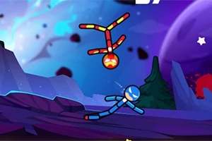 Dwa kolorowe ludziki w dynamicznym starciu na tle fantastycznego krajobrazu z gwiazdami i skałami