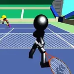 Dwie postacie grające w tenisa na korcie z trybunami w tle