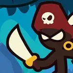 Postać pirata z kapeluszem z czaszką, trzymająca szablę, w kolorowej, kreskówkowej scenerii