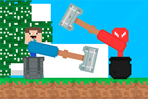 Dwóch pikselowych ludzików z młotkami w dużych doniczkach, na tle pikselowych drzew i niebieskiego nieba