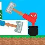 Dwóch pikselowych ludzików z młotkami w dużych doniczkach, na tle pikselowych drzew i niebieskiego nieba