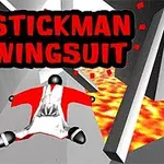 Czarny stickman w czerwono-białym kombinezonie wingsuit leci nad pomarańczową lawą, w tle szare, ostre kształty i napis STICKMAN WINGSUIT