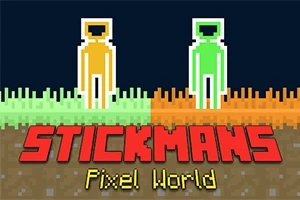 Dwóch pikselowych ludzików w kolorach pomarańczowym i zielonym stojących na trawiastym tle z napisem Stickmans Pixel World poniżej
