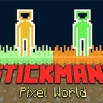 Dwóch pikselowych ludzików w kolorach pomarańczowym i zielonym stojących na trawiastym tle z napisem Stickmans Pixel World poniżej