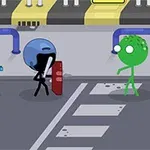 Postacie z czarnymi sylwetkami i niebieskimi hełmami, trzymające broń i tarczę, stojące naprzeciw zielonej postaci na ulicy