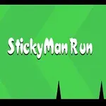 Zielone tło z napisem StickyMan Run i czarnymi elementami dekoracyjnymi, w tym kolcami i postacią czarnego stworka