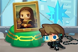 Postać z zestawem słuchawkowym w czarnym ubraniu przy zielonym postumencie z parodią Mona Lisy i rozbitą szybą w tle