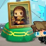 Postać z zestawem słuchawkowym w czarnym ubraniu przy zielonym postumencie z parodią Mona Lisy i rozbitą szybą w tle