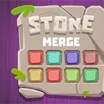 Kamienna tablica z napisem STONE MERGE i dziewięcioma kolorowymi kwadratami na fioletowym tle