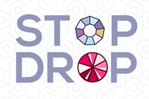 Napis STOP DROP z kolorowymi, geometrycznymi kształtami w literach O