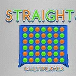 Niebieska plansza z pomarańczowymi i zielonymi żetonami ułożonymi na szarej, prążkowanej powierzchni, z kolorowym napisem STRAIGHT 4 MULTIPLAYER powyżej i poniżej planszy