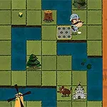 Rycerz na zielonej planszy podzielonej rzekami i mostem, otoczony elementami terenu takimi jak drzewa, skały i zamek