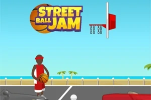 Mężczyzna w czerwonej koszulce stoi na boisku do koszykówki z piłką, w tle morze i kosz