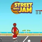 Mężczyzna w czerwonej koszulce stoi na boisku do koszykówki z piłką, w tle morze i kosz