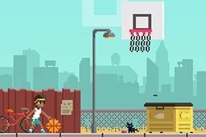 Pikselowa scena z chłopcem z piłką do koszykówki, kotem, rowerem, koszem na śmieci i koszem do koszykówki na tle miejskiego krajobrazu