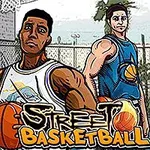 Trzy postacie w strojach sportowych z piłkami do koszykówki na boisku z graffiti i ogrodzeniem w tle, tekst Street Basketball na dole