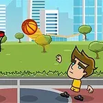 Postać rysunkowa rzucająca piłkę do kosza na tle miejskiego parku z wieżowcami