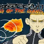Postać o ostrych rysach twarzy w sportowej bluzie z zaciśniętymi pięściami, z napisem Streetfight: King of the Gang w tle
