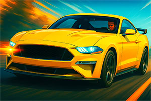 Żółty sportowy samochód jedzie szybko po drodze, z rozmazanym tłem i jasnym światłem reflektorów