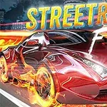 Czerwony sportowy samochód w płomieniach na tle miasta z dużymi, stylizowanymi napisami STREETRACE FURY