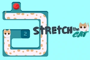 Ilustracja przedstawia długiego kota z białymi i pomarańczowymi plamkami, wijącego się po labiryncie z napisem STRETCH the CAT obok, na niebieskim tle