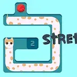 Ilustracja przedstawia długiego kota z białymi i pomarańczowymi plamkami, wijącego się po labiryncie z napisem STRETCH the CAT obok, na niebieskim tle