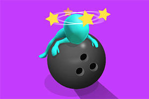 Turkusowa postać trzymająca się czarnej kuli do kręgli, z obracającymi się żółtymi gwiazdkami wokół głowy, na fioletowym tle