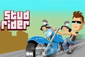 Postać na motorze w okularach przeciwsłonecznych, jadąca szybko na niebieskim motocyklu z napisem Stud Rider w tle
