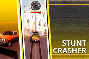 Samochód wykonujący skok na rampie z przedstawieniem prędkościomierza na środku oraz żółtym samochodem po lewej i napisem STUNT CRASHER po prawej stronie