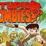 Mężczyzna z bronią otoczony przez zielone zombie na tle miasta z dużymi, czerwonymi literami Stupid Zombies