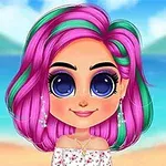 Postać animowana z dużymi niebieskimi oczami i różowo-zielonymi włosami na tle plaży z morzem i górami w oddali