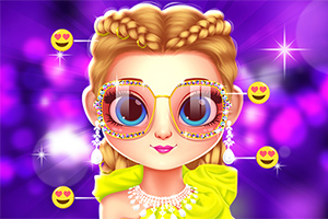 Dziewczyna w okularach z kolorową oprawką na fioletowym tle z uśmiechniętymi emotikonami dookoła