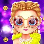 Dziewczyna w okularach z kolorową oprawką na fioletowym tle z uśmiechniętymi emotikonami dookoła