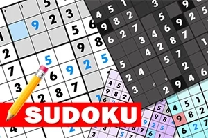 Plansze sudoku z różnymi układami liczb, ołówkiem i napisem SUDOKU na czerwonym tle