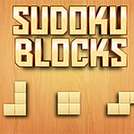 Napis Sudoku Blocks w złotych literach na tle drewnianej tekstury z trzema układami kwadratowych bloków poniżej