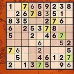 Plansza z numerami w siatce 9x9 na tle w kolorze pomarańczowym, z zaznaczonymi na zielono numerami 2 i 5 po prawej stronie