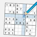 Plansza Sudoku z niebieską kredką zaznaczającą liczbę 5 na przecięciu dwóch niebieskich linii