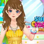 Dziewczyna z brązowymi włosami nosi żółtą sukienkę, na tle kolorowego wnętrza z lustrem i napisem Summer Fashion Makeover