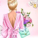 Kobieta w różowej sukience z odsłoniętymi plecami, trzymająca miętową torebkę i bukiet kwiatów, otoczona storczykami